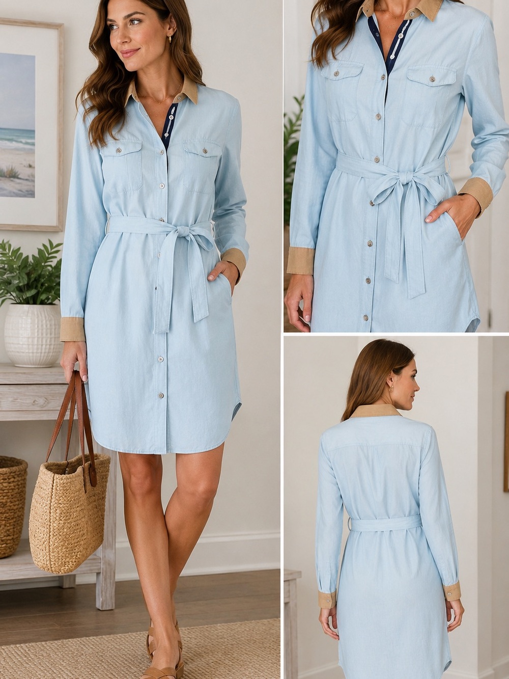 Façonnable Silk Linen Shirt Dress Size 2 Blue Belted Coast Luxury